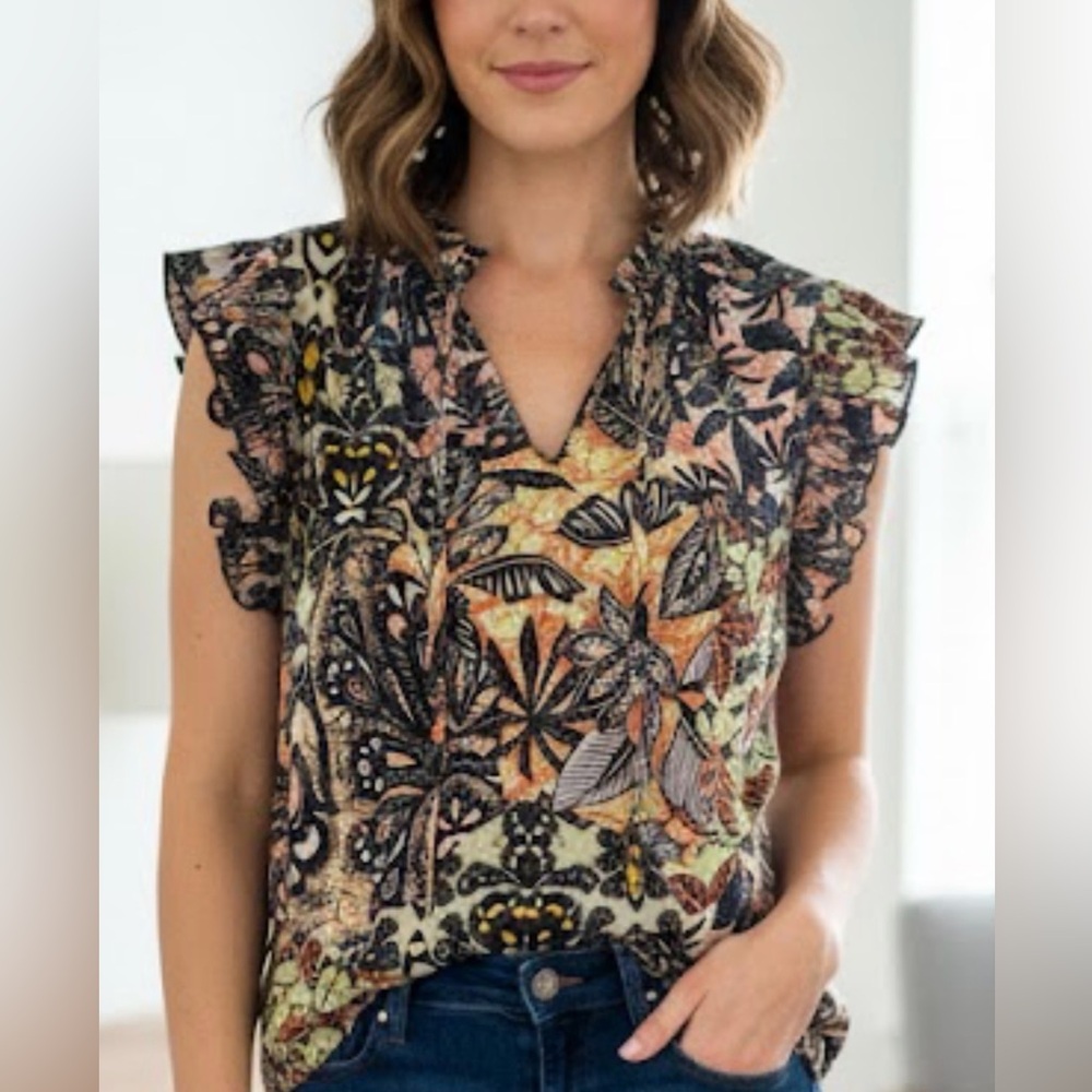 Chenault Women's Floral Ruffle Blouse - Black, Orange, Green